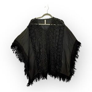 Elan Black Crochet Lace Fringe Poncho Cape Witchy Whimsigoth Festival O/S